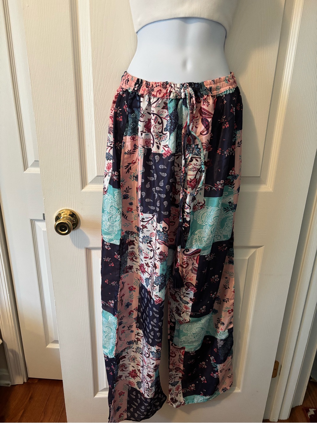 Boho Patchwork Wide-Leg Pants In Pink, Navy & Teal